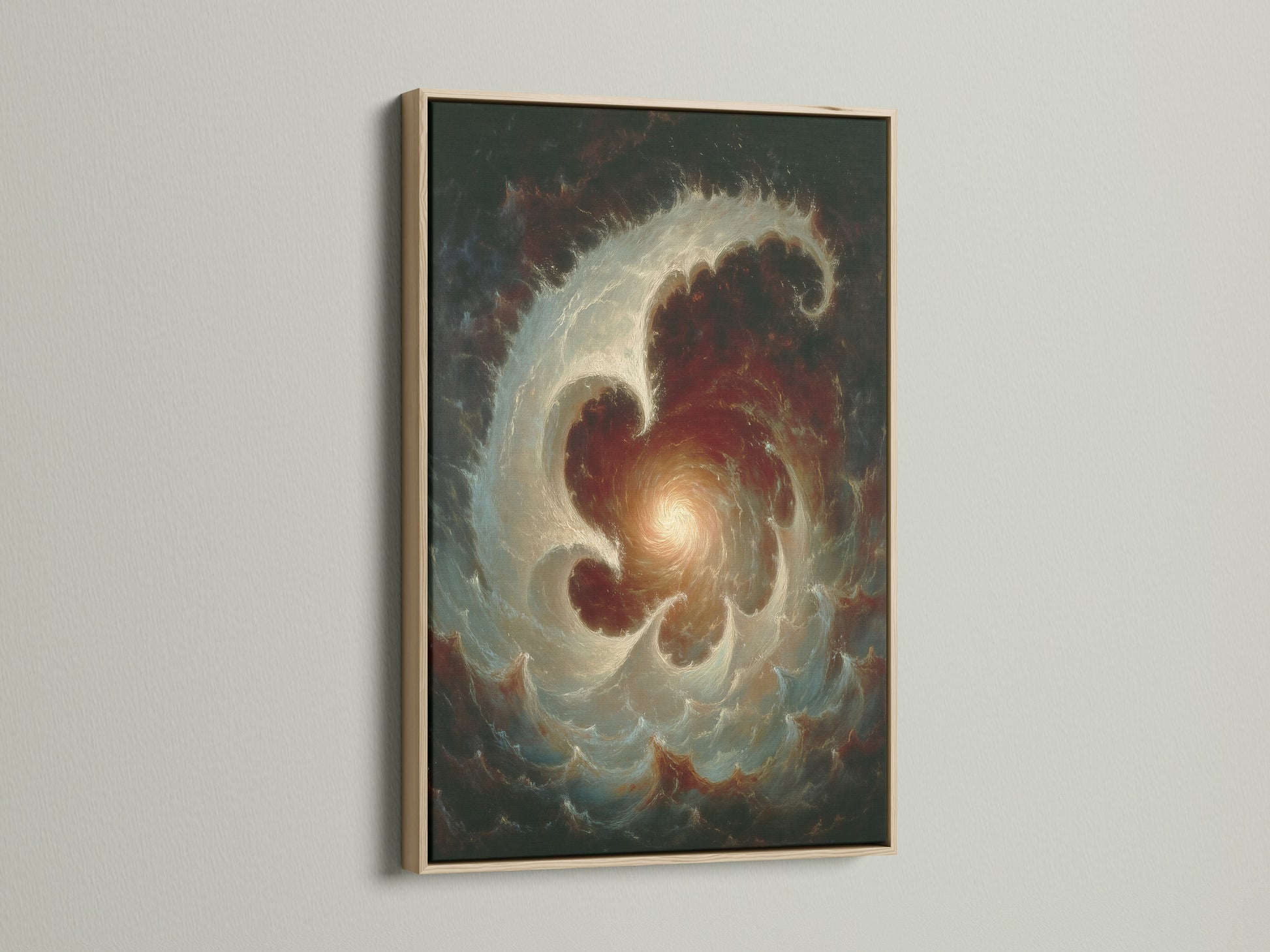 Celestial Vortex abstract galaxy wall art is displayed in an oak frame. The vortex print is perfect for library wall art. This cosmic artwork is ideal for scholars. It adds academic charm to living spaces.
