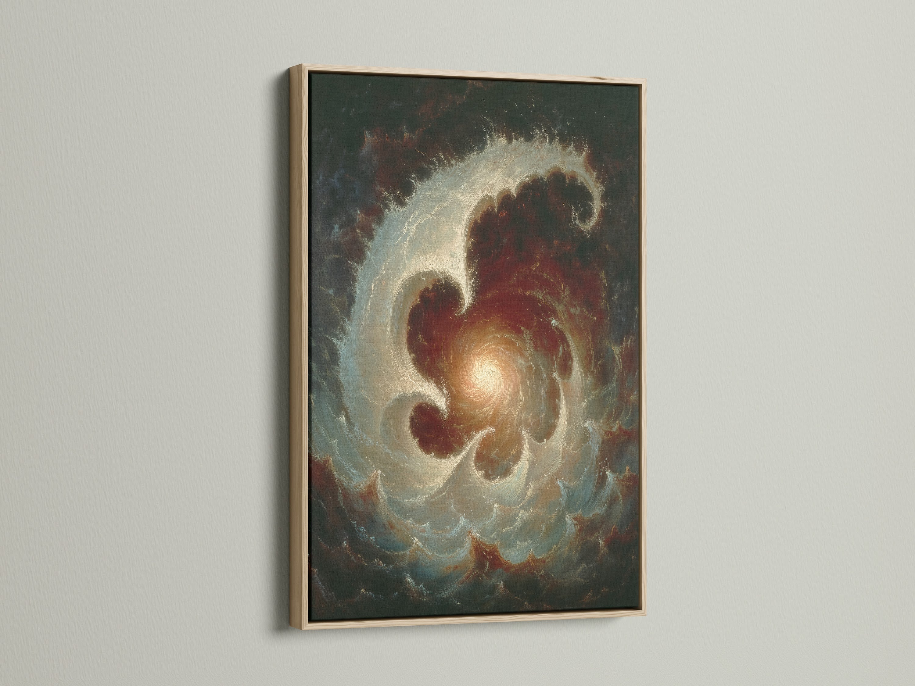 Celestial Vortex abstract galaxy wall art is displayed in an oak frame. The vortex print is perfect for library wall art. This cosmic artwork is ideal for scholars. It adds academic charm to living spaces.