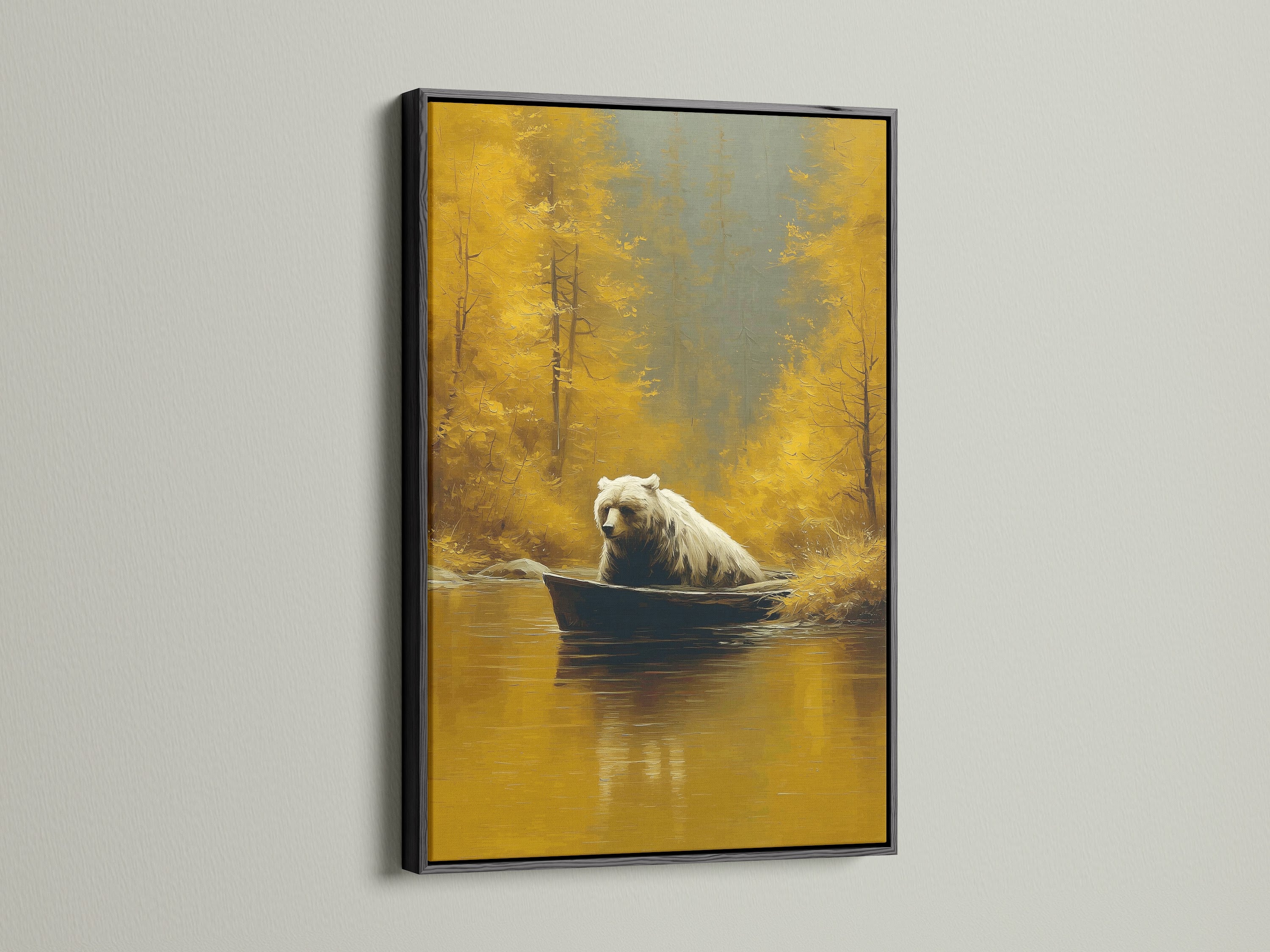 Make a statement with this framed wildlife art in black. A bear sits in a boat in an autumn landscape. The black frame adds a bold and sophisticated touch. Suitable for lodges studies or modern interiors. This artwork is a striking gift for him. Transform your space with this captivating piece.