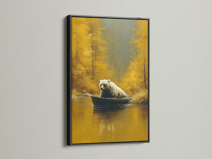 Make a statement with this framed wildlife art in black. A bear sits in a boat in an autumn landscape. The black frame adds a bold and sophisticated touch. Suitable for lodges studies or modern interiors. This artwork is a striking gift for him. Transform your space with this captivating piece.