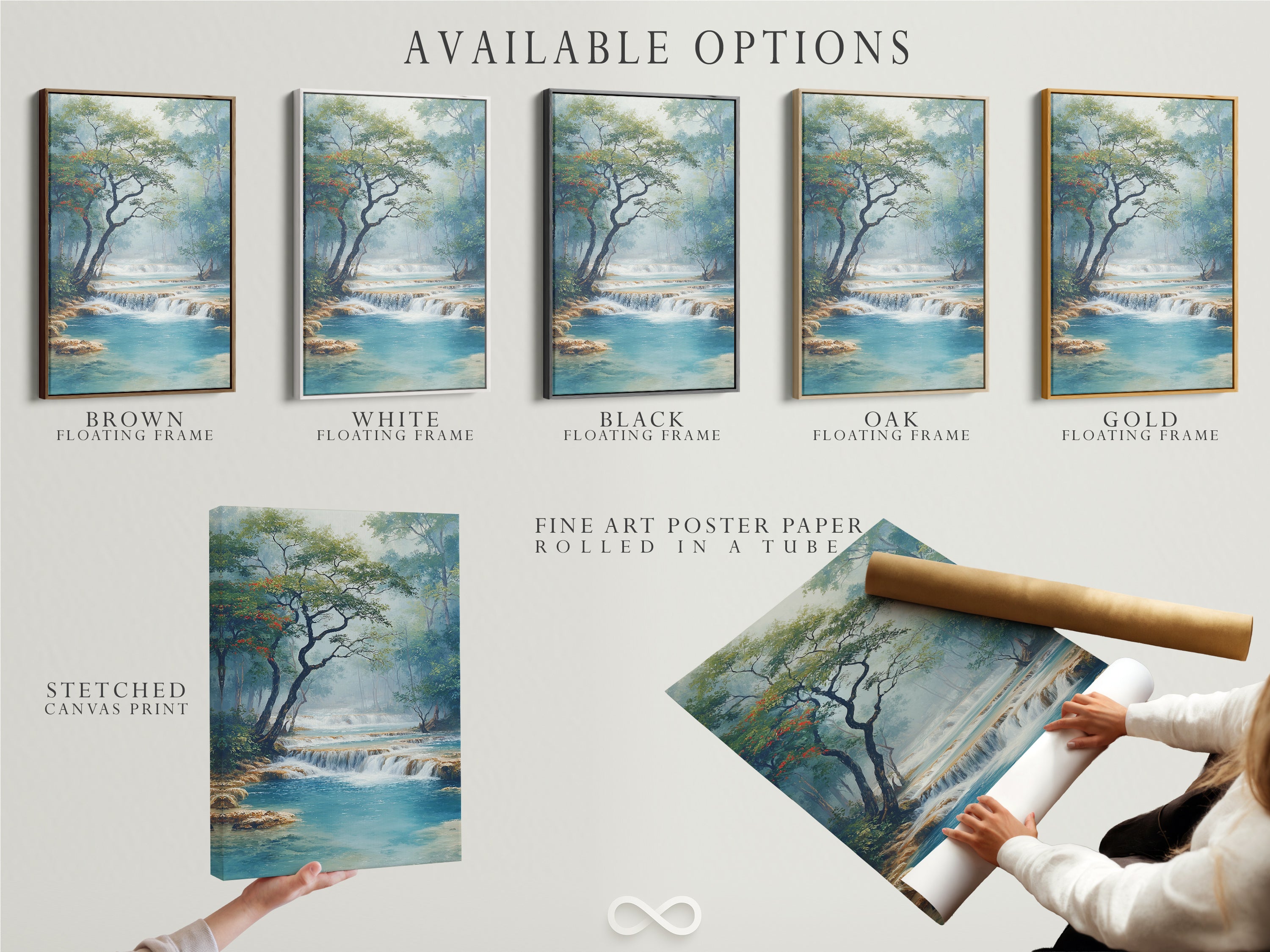 Available options include a stretched canvas print fine art poster paper and floating frame. Choose the perfect format for your waterfall artwork. Customize your serene nature landscape poster to fit your style. Elevate your decor.
