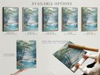 Available options for the waterfall artwork are displayed. Choose from a stretched canvas print a fine art poster or a floating frame. Customize your serene landscape artwork to fit your style. Elevate your space today.
