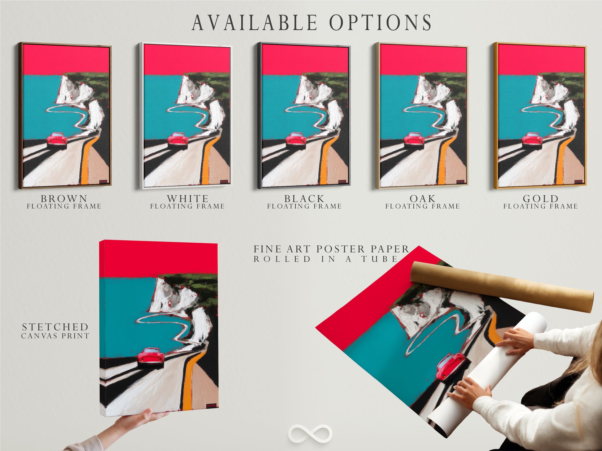Available options for the coastal road artwork including a stretched canvas print a fine art poster paper and a floating frame. The artwork features a red car on a scenic coastal route. Choose the perfect option to match your style and decor. This mid-century modern piece is a great addition to any space.