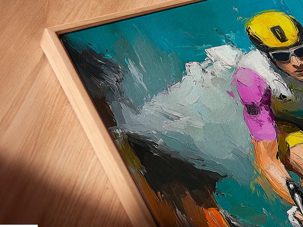 A close-up angled view of a canvas print in a floating frame. The canvas showcases vibrant artwork. The floating frame gives a modern and gallery-like appearance. It enhances the artwork. Perfect for a contemporary aesthetic.