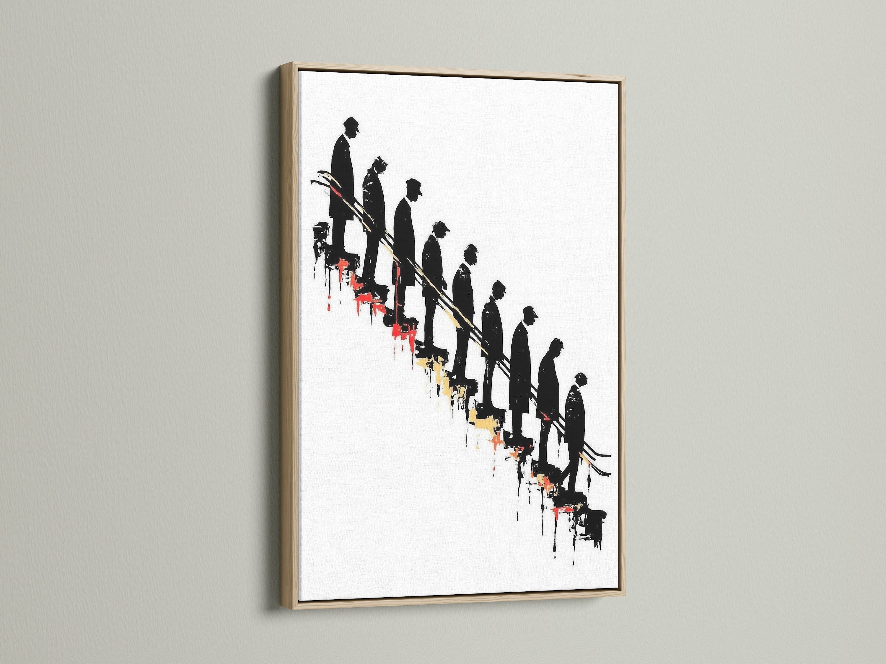 Conceptual artwork featuring descending figures on a stairway. This fine art print is showcased in an oak frame. The artwork adds a touch of sophistication and depth to interiors. Ideal for homeowners and business owners. Elevate your space with this modern art print.