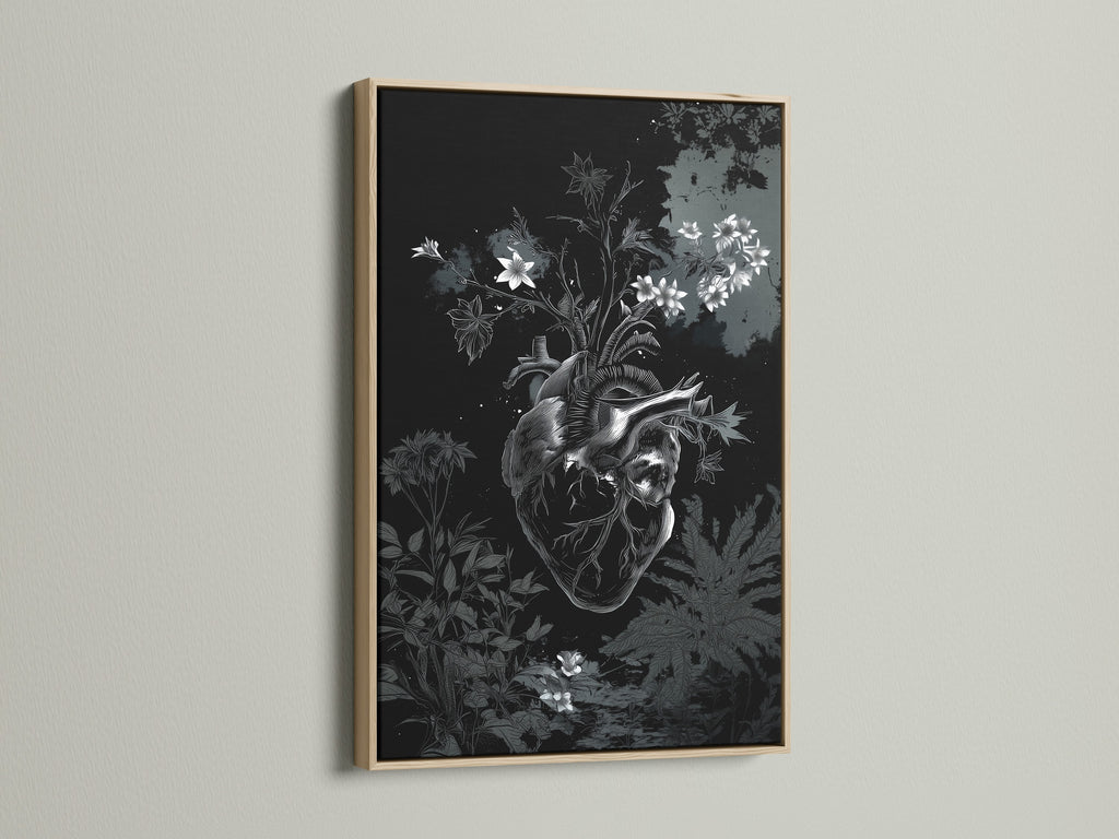 A detailed view of an art print within an oak frame. The artwork is a botanical heart illustration. The print enhances the room's aesthetic. The oak frame adds a touch of nature and warmth.