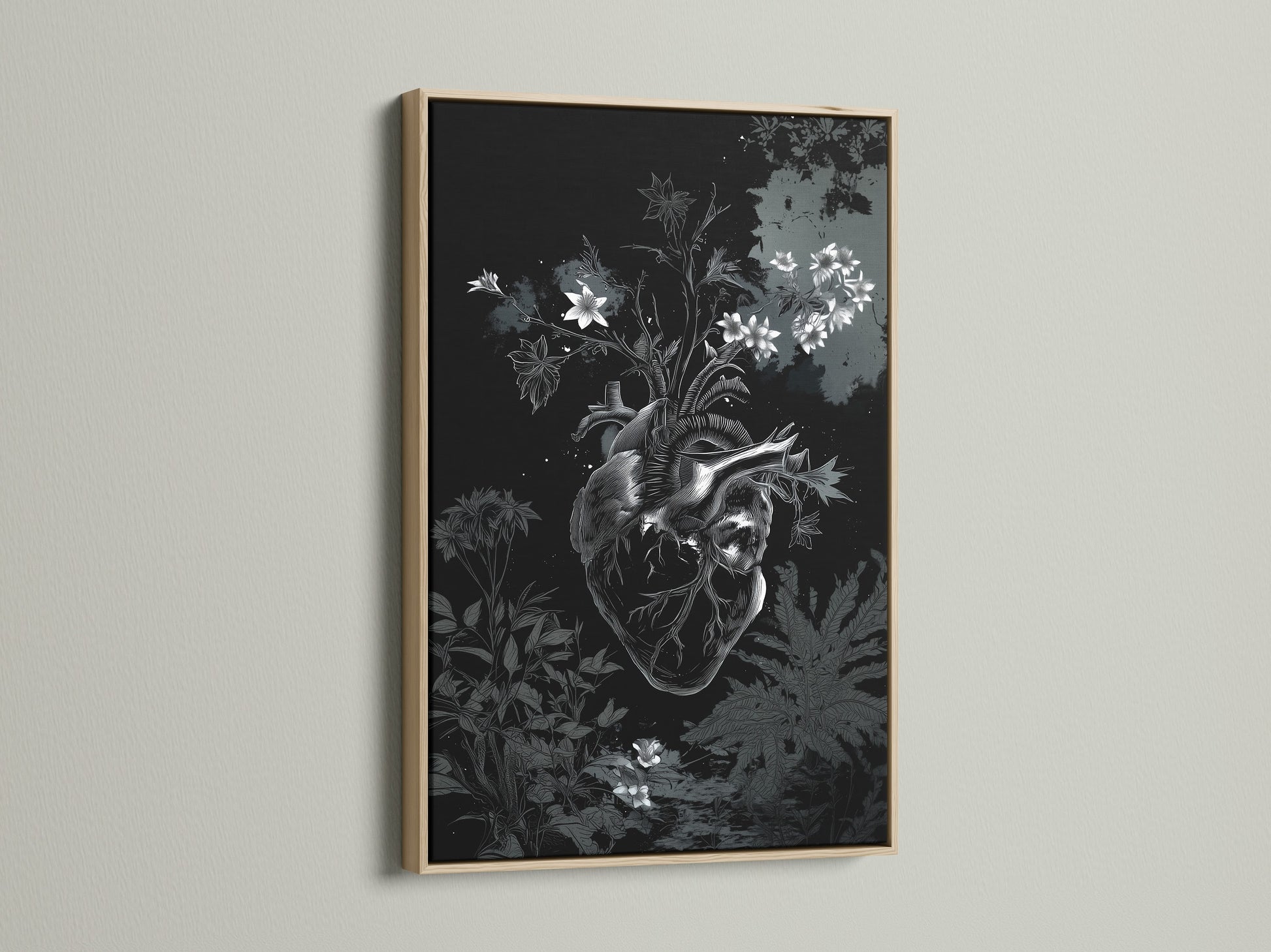A detailed view of an art print within an oak frame. The artwork is a botanical heart illustration. The print enhances the room's aesthetic. The oak frame adds a touch of nature and warmth.