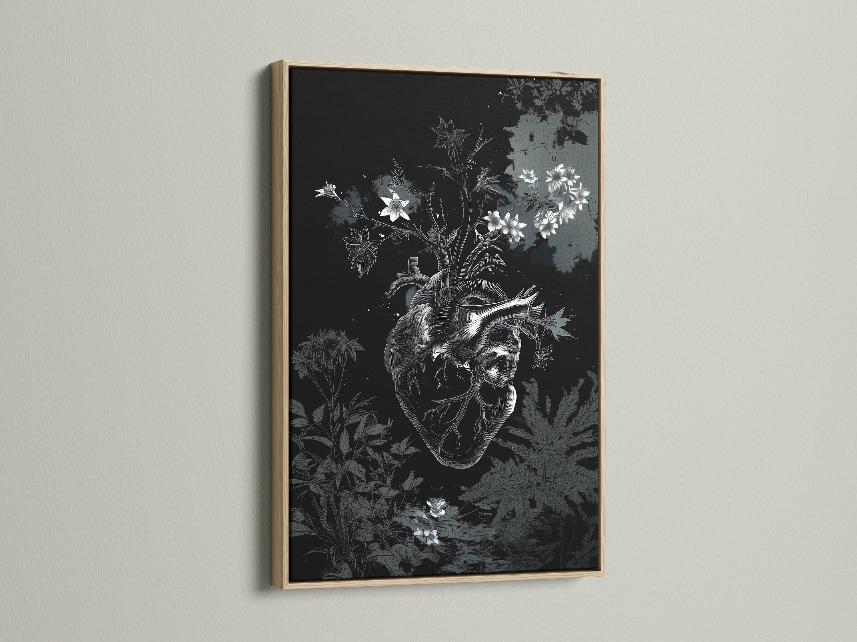 A detailed view of an art print within an oak frame. The artwork is a botanical heart illustration. The print enhances the room's aesthetic. The oak frame adds a touch of nature and warmth.