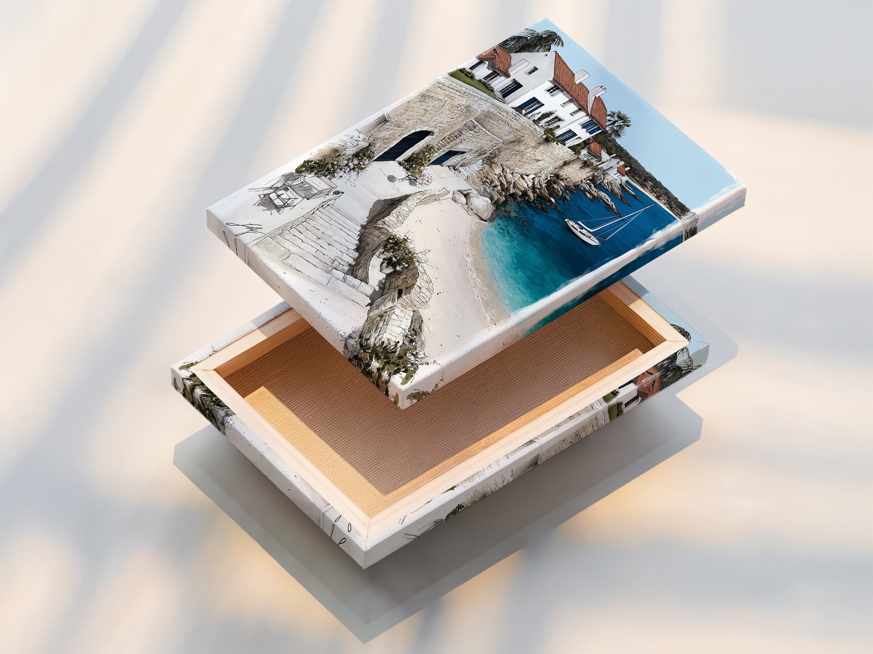 Stretched canvas print of the Coastal Village artwork. The artwork features a charming seaside town. The stretched canvas print is ready to hang. It enhances the details and colors of the coastal scene. This artwork adds a touch of Mediterranean elegance to your living room bedroom or vacation home.