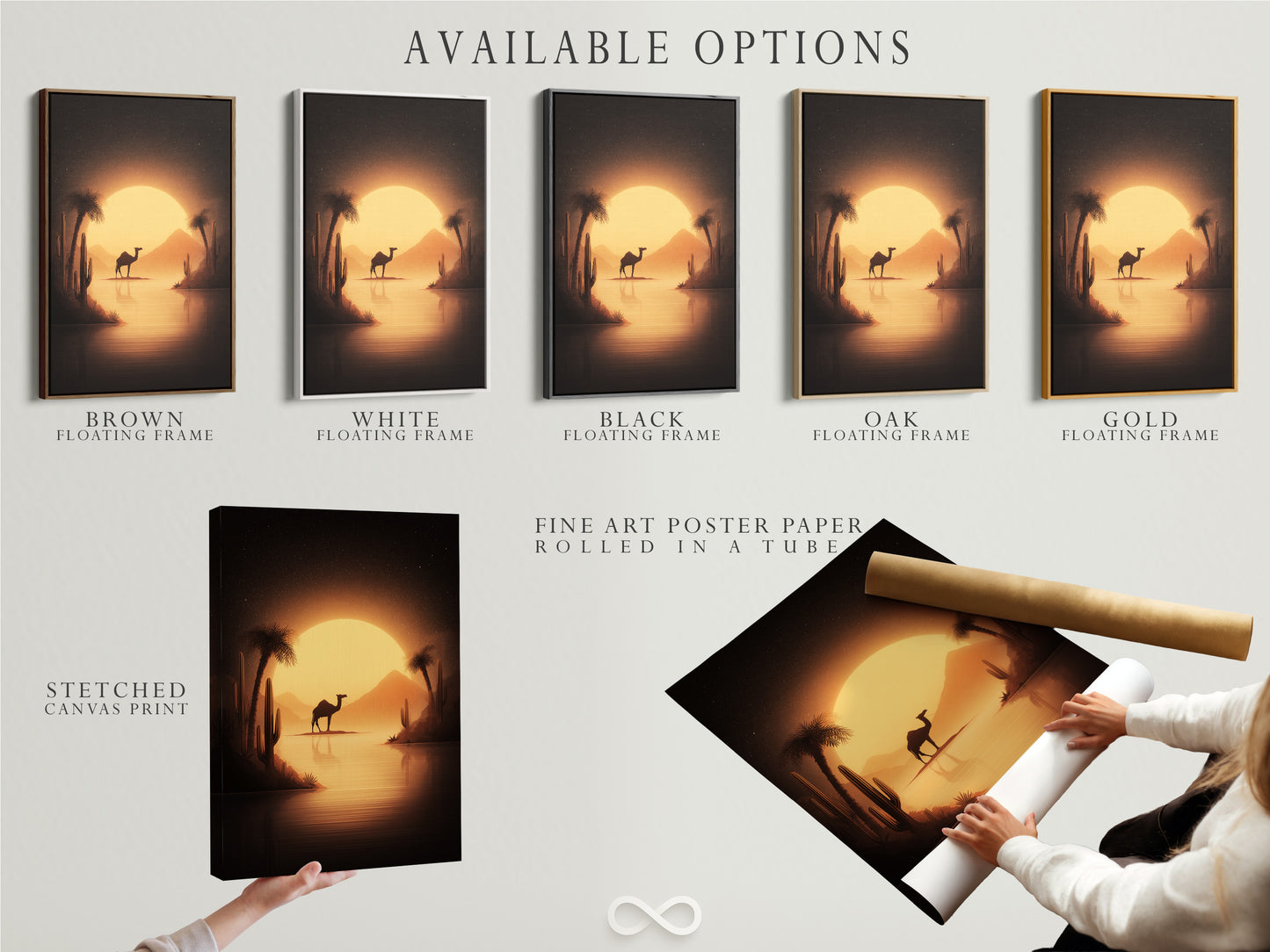 Available options for the desert camel artwork. Options include stretched canvas print fine art poster paper and floating frame. Select your preferred format to showcase this stunning desert landscape.
