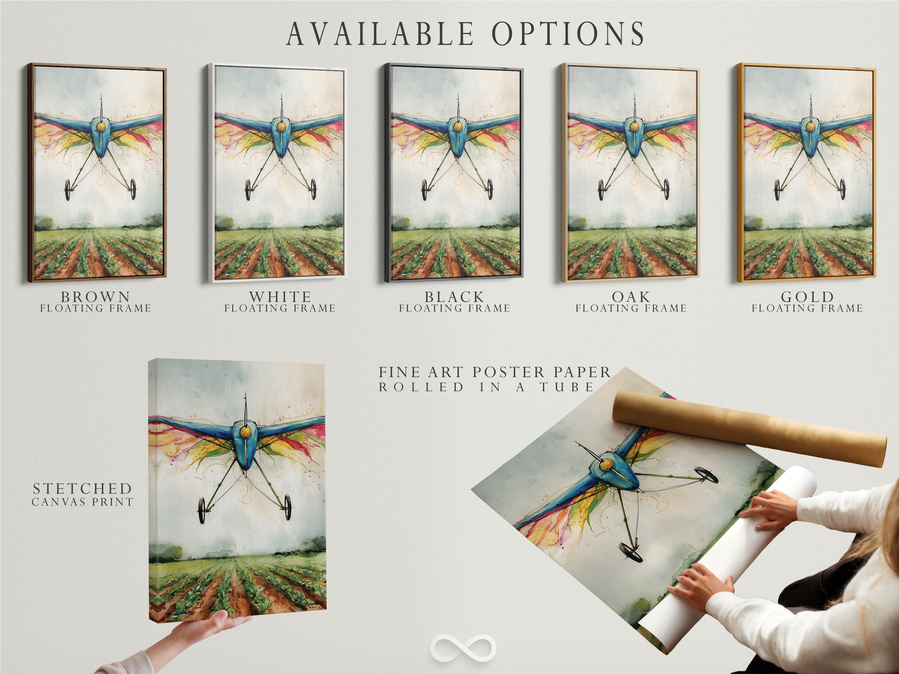 Available options are displayed including stretched canvas print fine art poster paper and floating frame. Choose your preferred format for this watercolor airplane artwork. Enjoy vintage biplane art in any style.