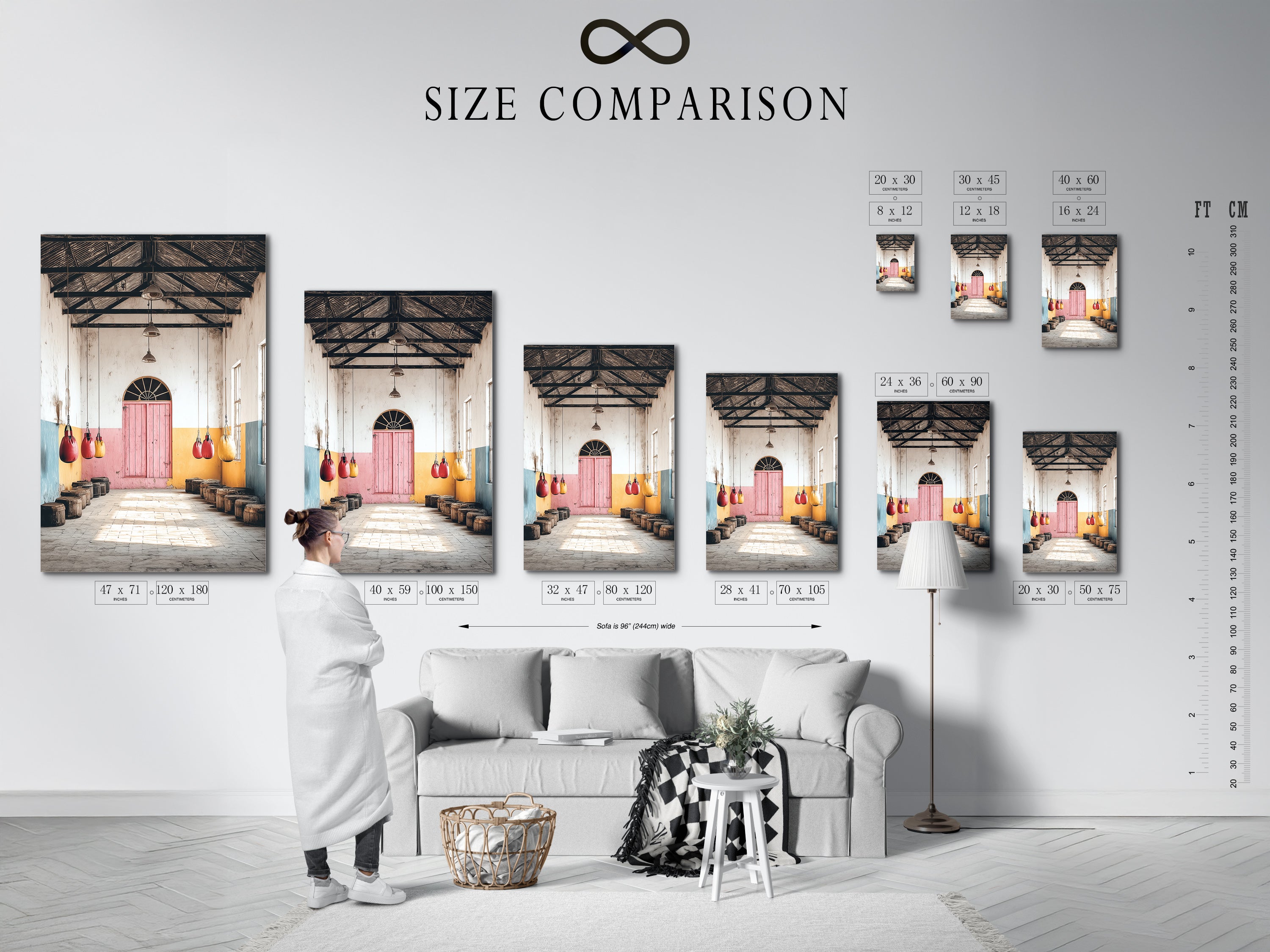 This size comparison chart in an interior setting helps visualize artwork dimensions. Choose the perfect size for your vintage gym canvas print. The chart showcases various options for sport decor and wall art. It assists in selecting the right fit for your space. Ideal for interior designers.