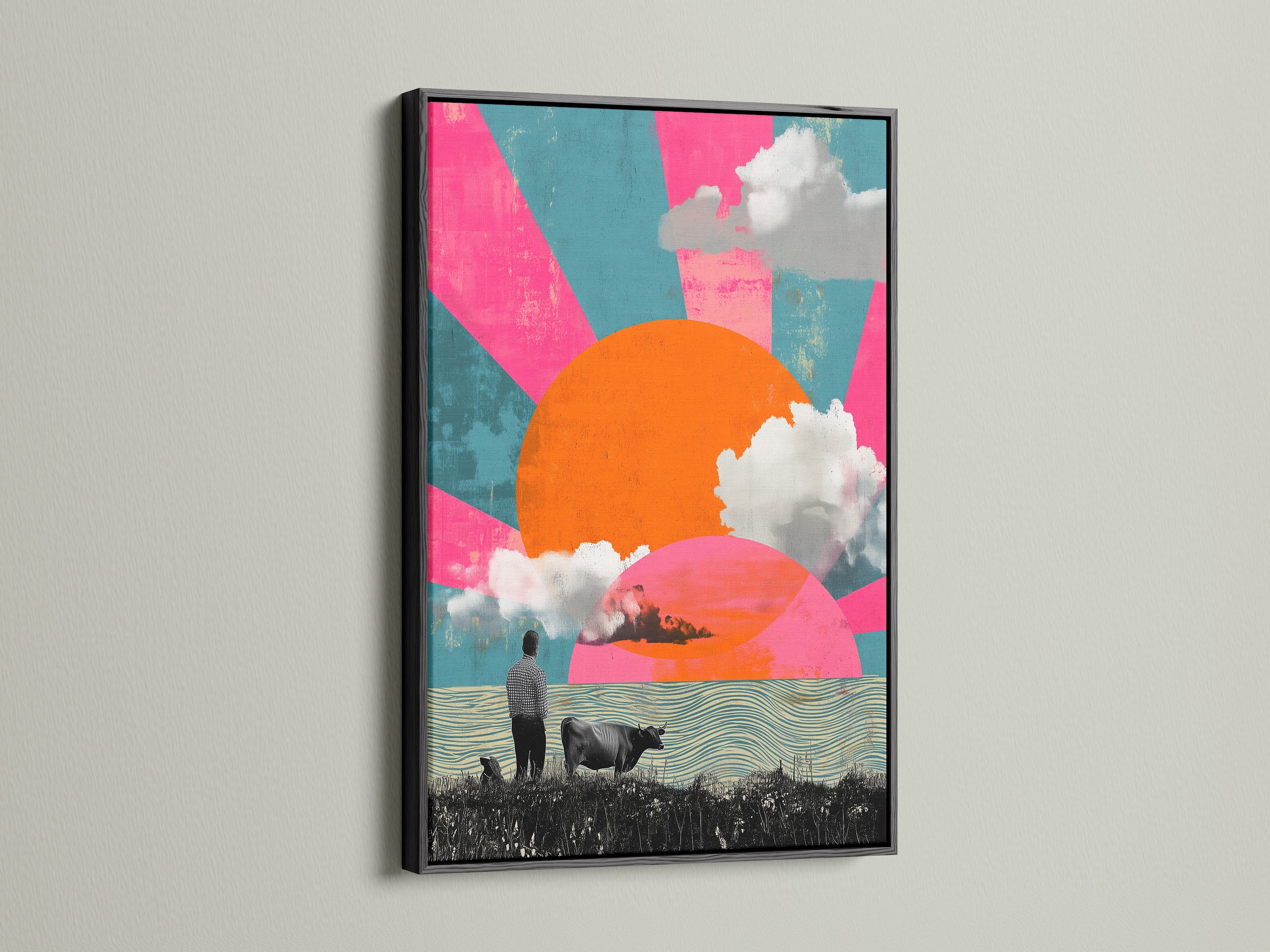 The abstract landscape artwork featuring a retro sun a cow and a man is showcased in a black frame. The artwork's vivid colors and surreal elements create a captivating focal point. It is ideal for modern art enthusiasts and collectors alike.