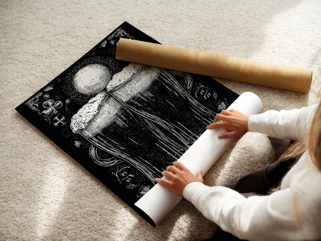 A woman is carefully rolling a fine art poster paper. The poster paper is high-quality. It ensures the artwork remains in pristine condition. The artwork features a monochromatic illustration of two beer glasses. The poster paper is perfect for art enthusiasts.