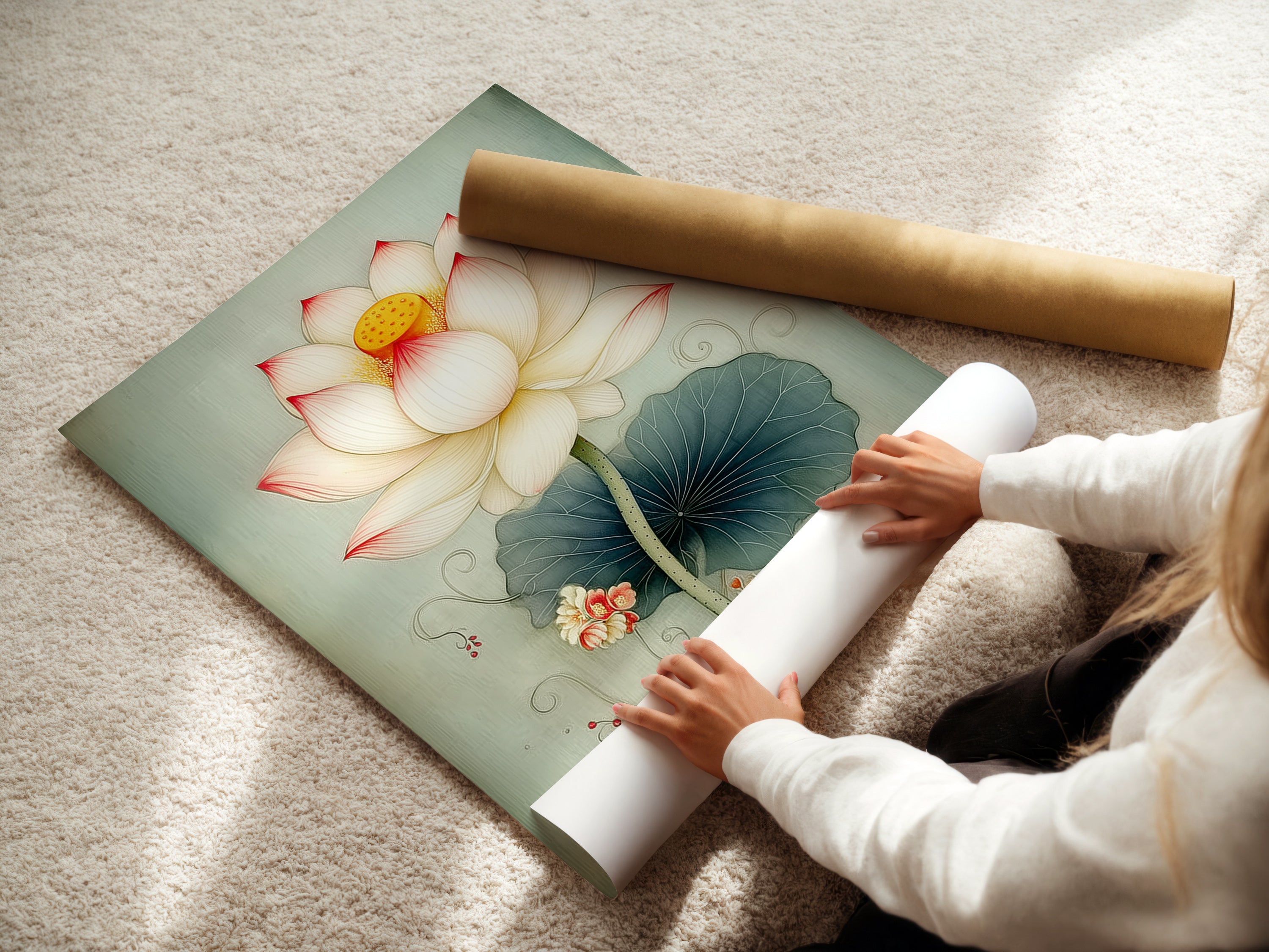 A woman is carefully rolling a fine art poster paper print of a Lotus Flower artwork. This botanical print is ideal for minimalist Scandinavian zen or spa styles. It's great for living rooms bedrooms and meditation rooms.
