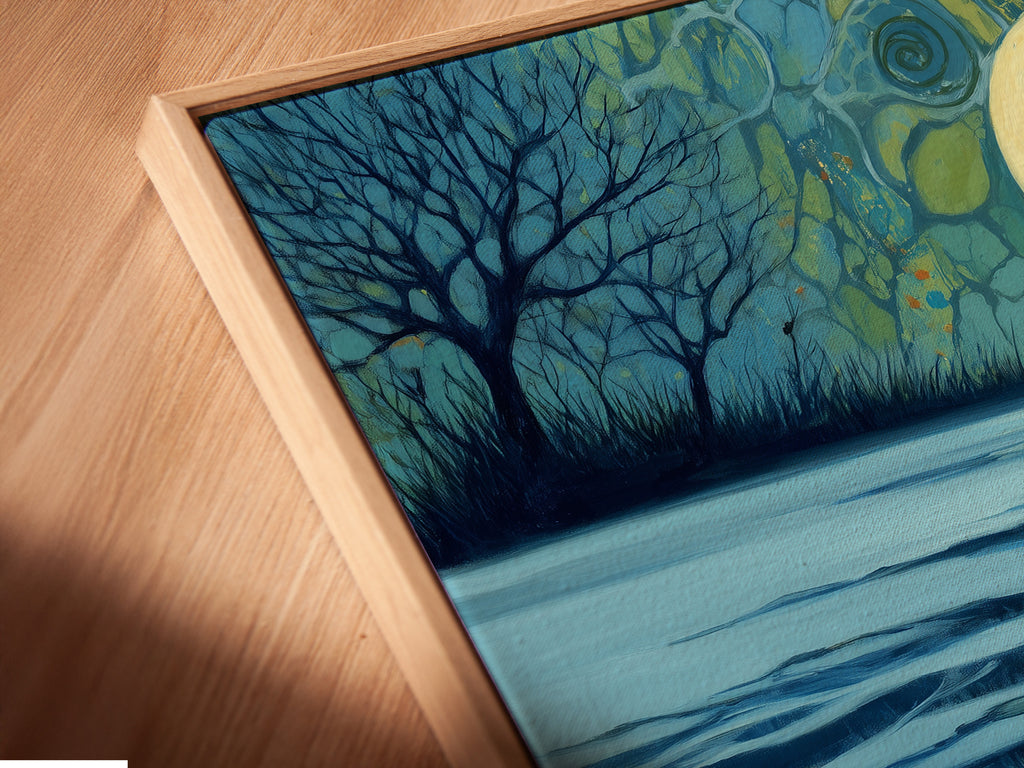 Close-up angled view of a Moonlight Reflection canvas print. The artwork is displayed in a floating frame. The floating frame gives a modern gallery look. It enhances the artwork's depth and dimension. This is a stylish wall accent.