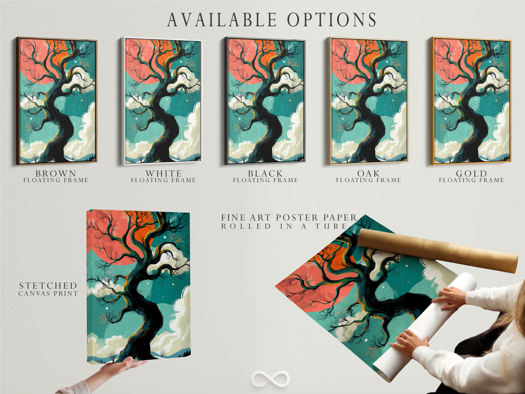 Explore available options for our winter tree artwork: stretched canvas print fine art poster paper and floating frame. The teal and coral sky create a beautiful fantasy landscape. Find the perfect bedroom wall decor today.