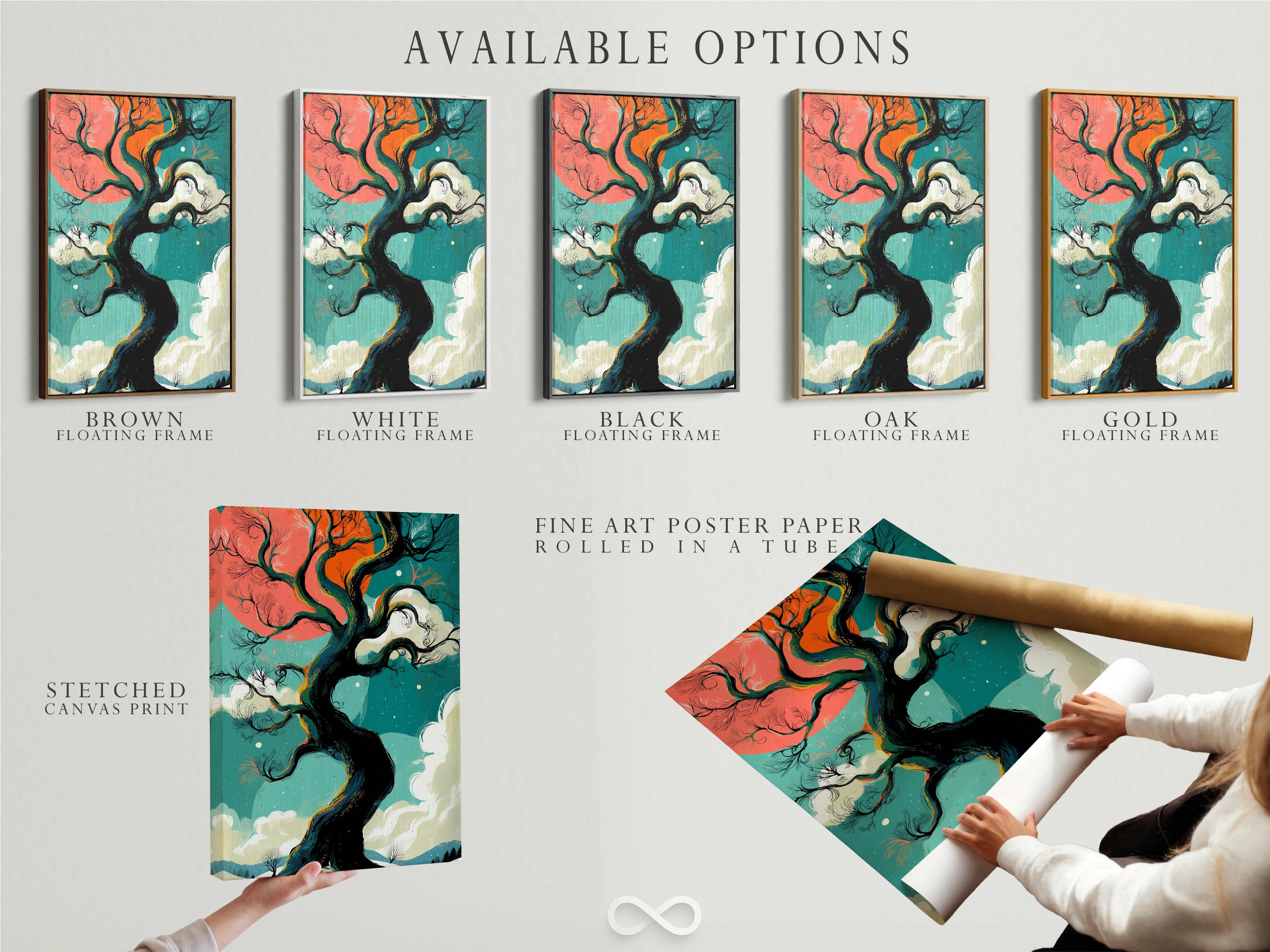 Explore available options for our winter tree artwork: stretched canvas print fine art poster paper and floating frame. The teal and coral sky create a beautiful fantasy landscape. Find the perfect bedroom wall decor today.