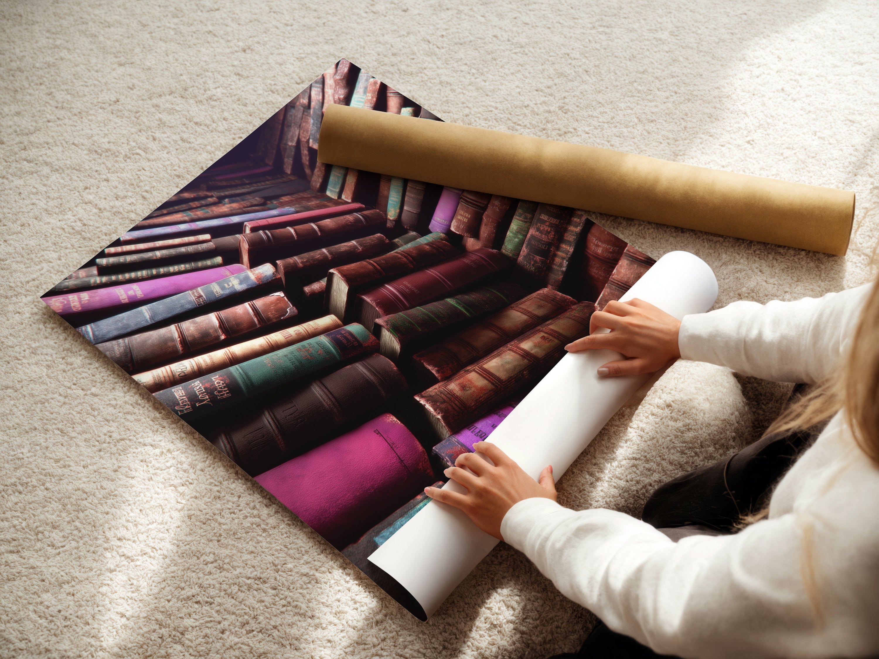 A woman carefully rolling a fine art poster paper print. The vintage books artwork is ready to be displayed. This print captures the essence of antique decor. Perfect for adding a literary touch to your home. It is a book lover gift.