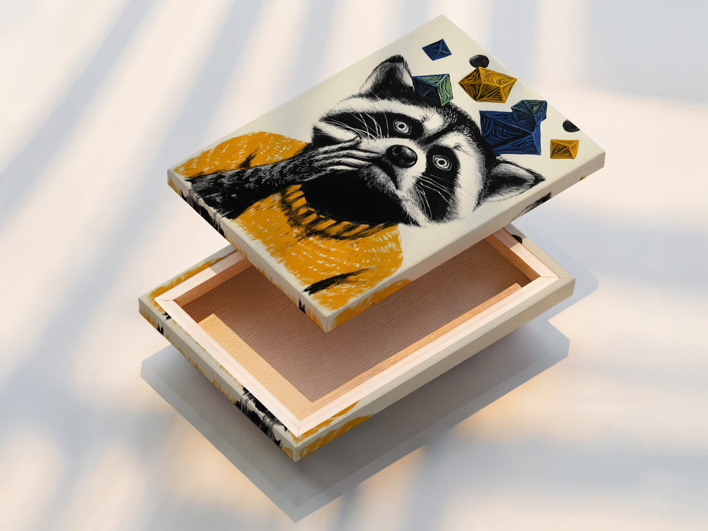 A stretched canvas print of a raccoon artwork is displayed. The whimsical animal wall art is perfect for kids room decor. The raccoon in a mustard yellow sweater adds a playful touch. Geometric shapes create a modern aesthetic. This animal canvas print is ready to hang and enjoy in any space. Bring woodland creatures to your walls.