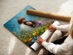 A woman carefully rolling a fine art poster paper. The paper showcases artwork of a couple in a flower field. She handles it with care. The fine art poster paper ensures high-quality reproduction of the image.