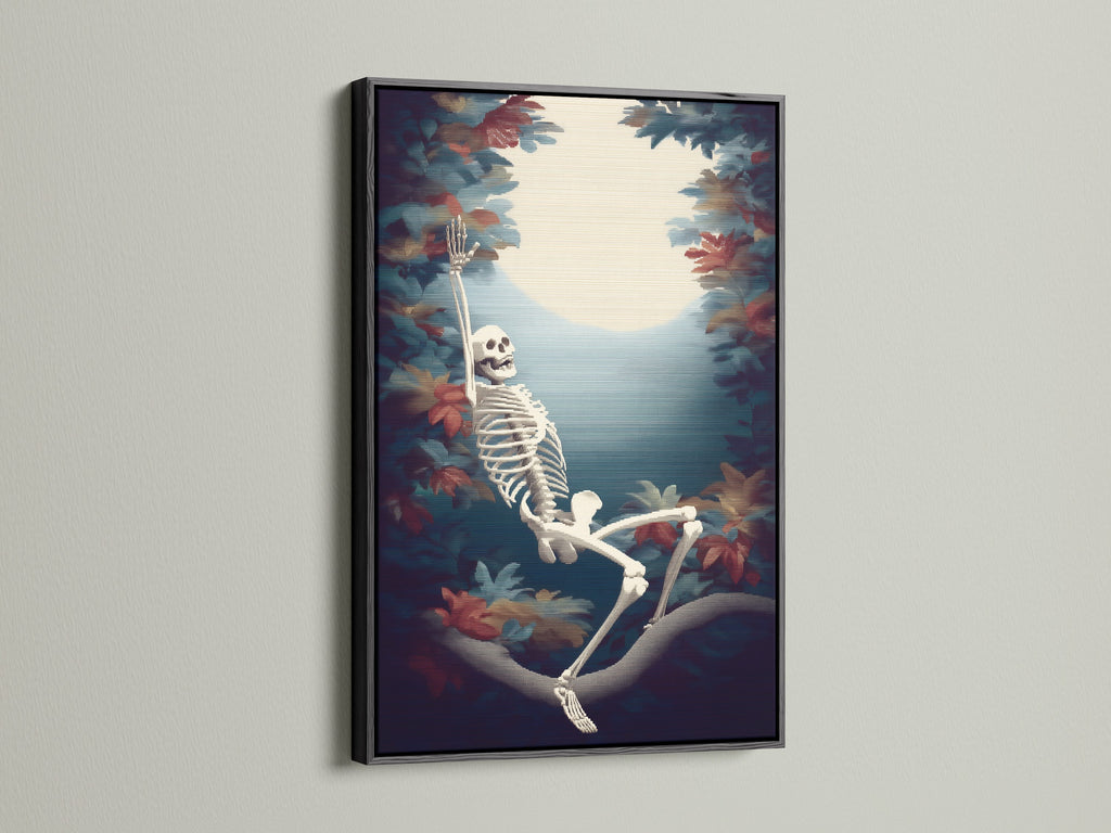 Skeleton Canvas Print in a black frame. This skeleton art makes great spooky decor. It is an excellent Halloween print for your gothic wall. Find macabre art for the fall season.
