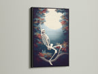 Skeleton Canvas Print in a black frame. This skeleton art makes great spooky decor. It is an excellent Halloween print for your gothic wall. Find macabre art for the fall season.
