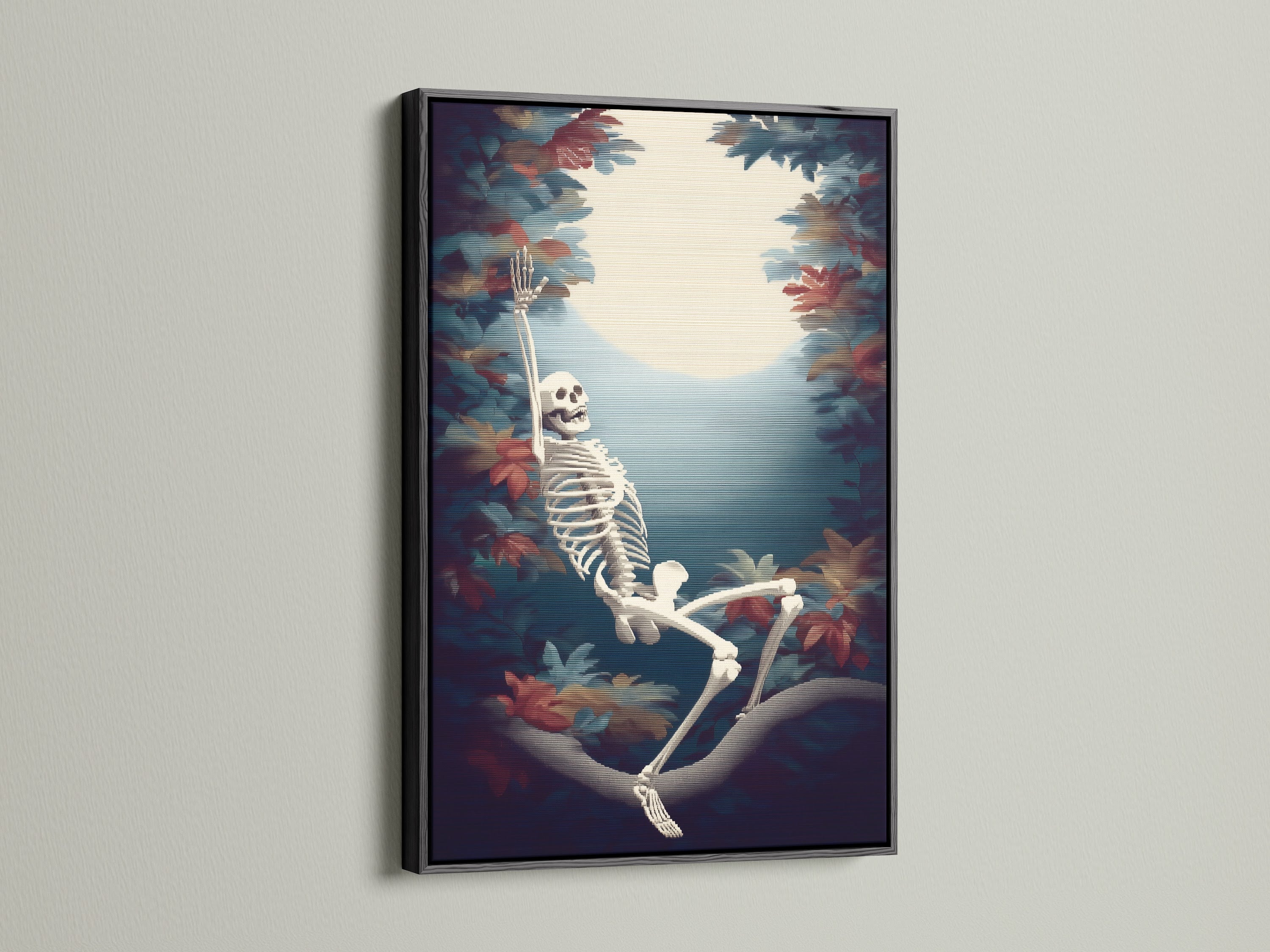 Skeleton Canvas Print in a black frame. This skeleton art makes great spooky decor. It is an excellent Halloween print for your gothic wall. Find macabre art for the fall season.