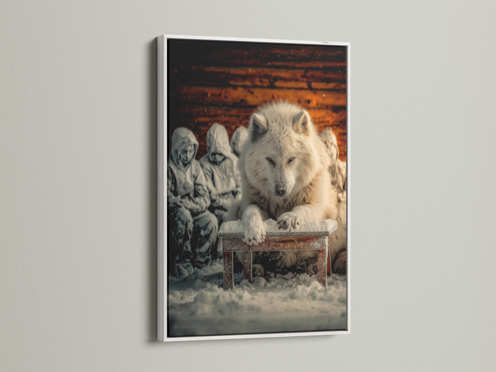 The artwork shows a stunning white wolf on a snow-covered bench with hooded figures. It is displayed in a clean white frame. Perfect as rustic wall decor this canine artwork will suit studios cabins and themed spaces. It brings a winter wonderland feel.