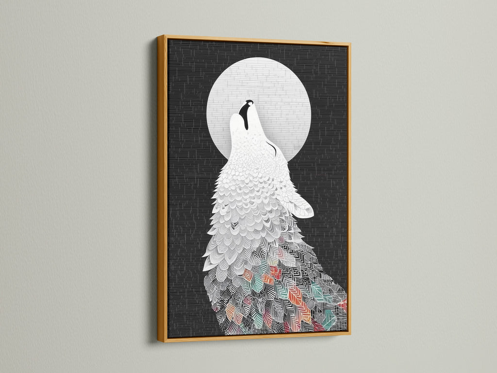 The Wolf Howling at the Moon artwork is featured in a gold frame. The metallic finish adds a touch of elegance to the abstract animal. This piece is perfect for adding a bit of glamour to your space. Consider this wildlife print for your home.