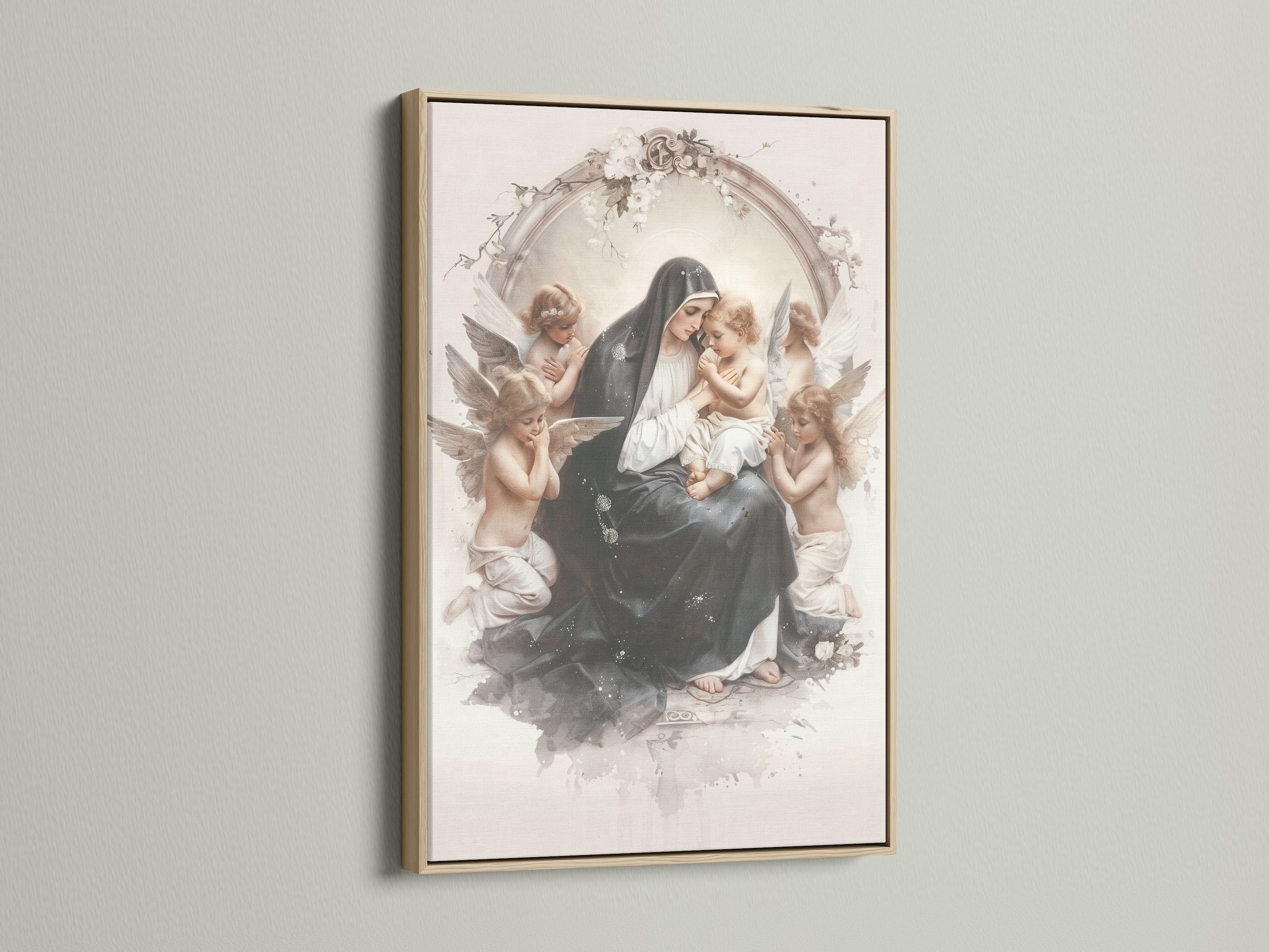 A framed artwork hangs on a white wall. The artwork depicts a woman and child surrounded by angels. The frame is made of oak. The oak frame enhances the artwork. It provides a natural warm touch. Perfect for adding a classic look to any room.