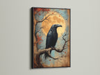 Raven artwork in a black frame. The dark frame emphasizes the gothic decor and spooky wall art. This bird canvas suits a study room or living room. Add a mysterious touch with this raven artwork. It's ideal for Halloween art.