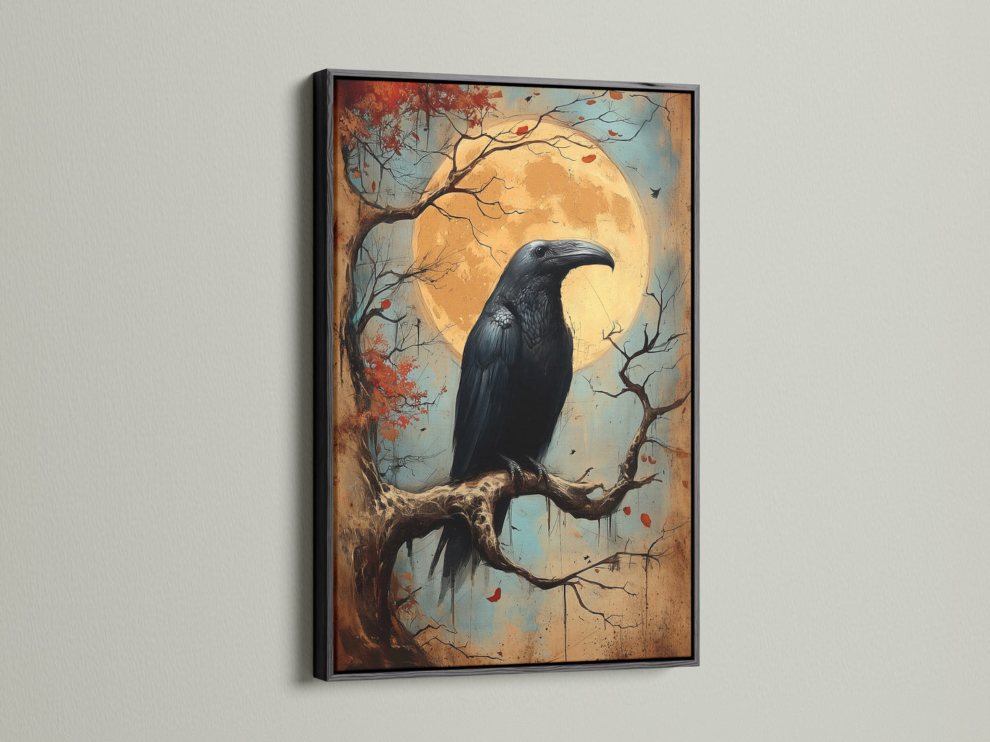 Raven artwork in a black frame. The dark frame emphasizes the gothic decor and spooky wall art. This bird canvas suits a study room or living room. Add a mysterious touch with this raven artwork. It's ideal for Halloween art.
