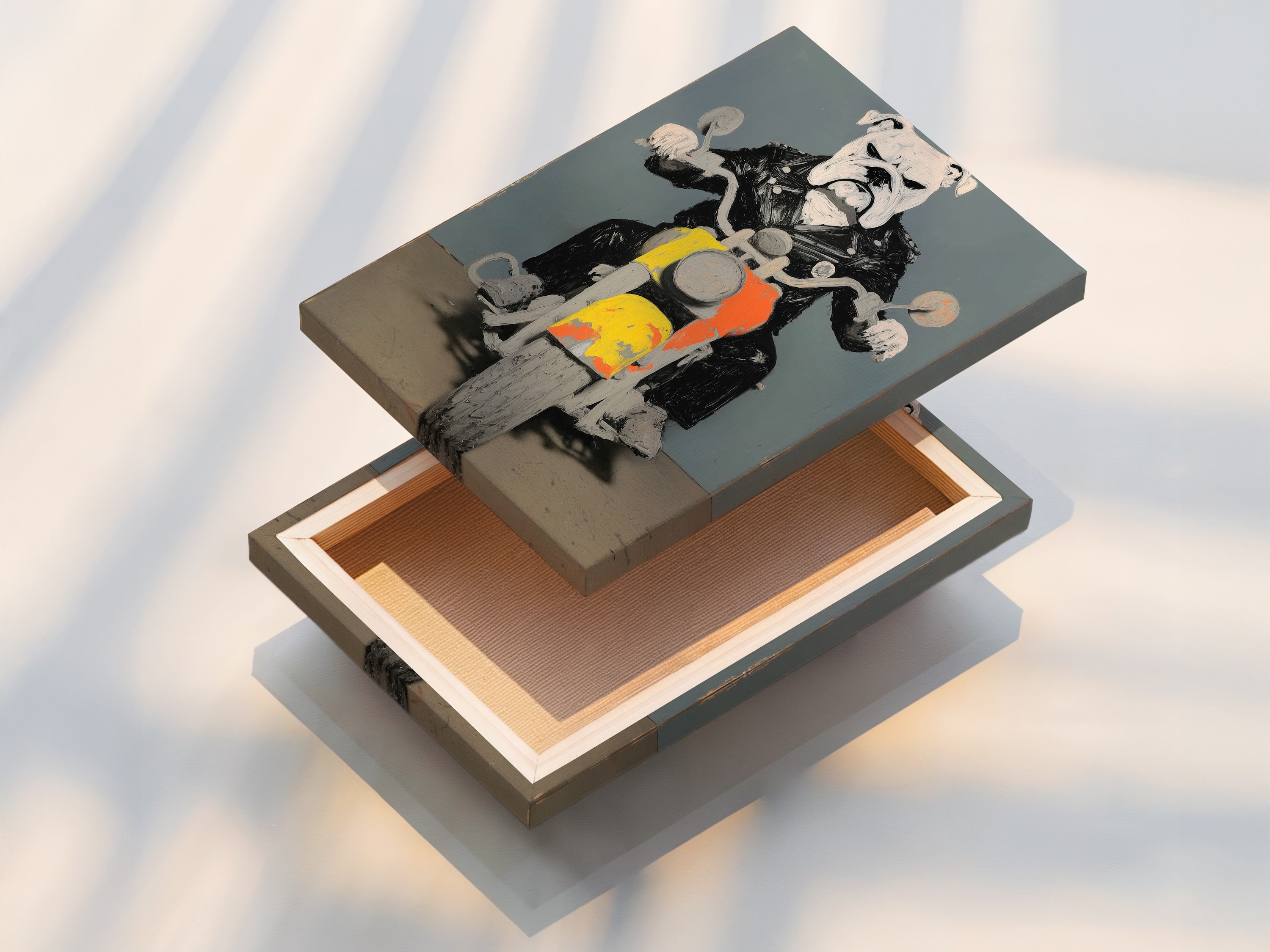 A stretched canvas print of the Bulldog Biker artwork is displayed. The stretched canvas print is ready to hang and adds texture to the artwork. Ideal for creating a statement in any space.