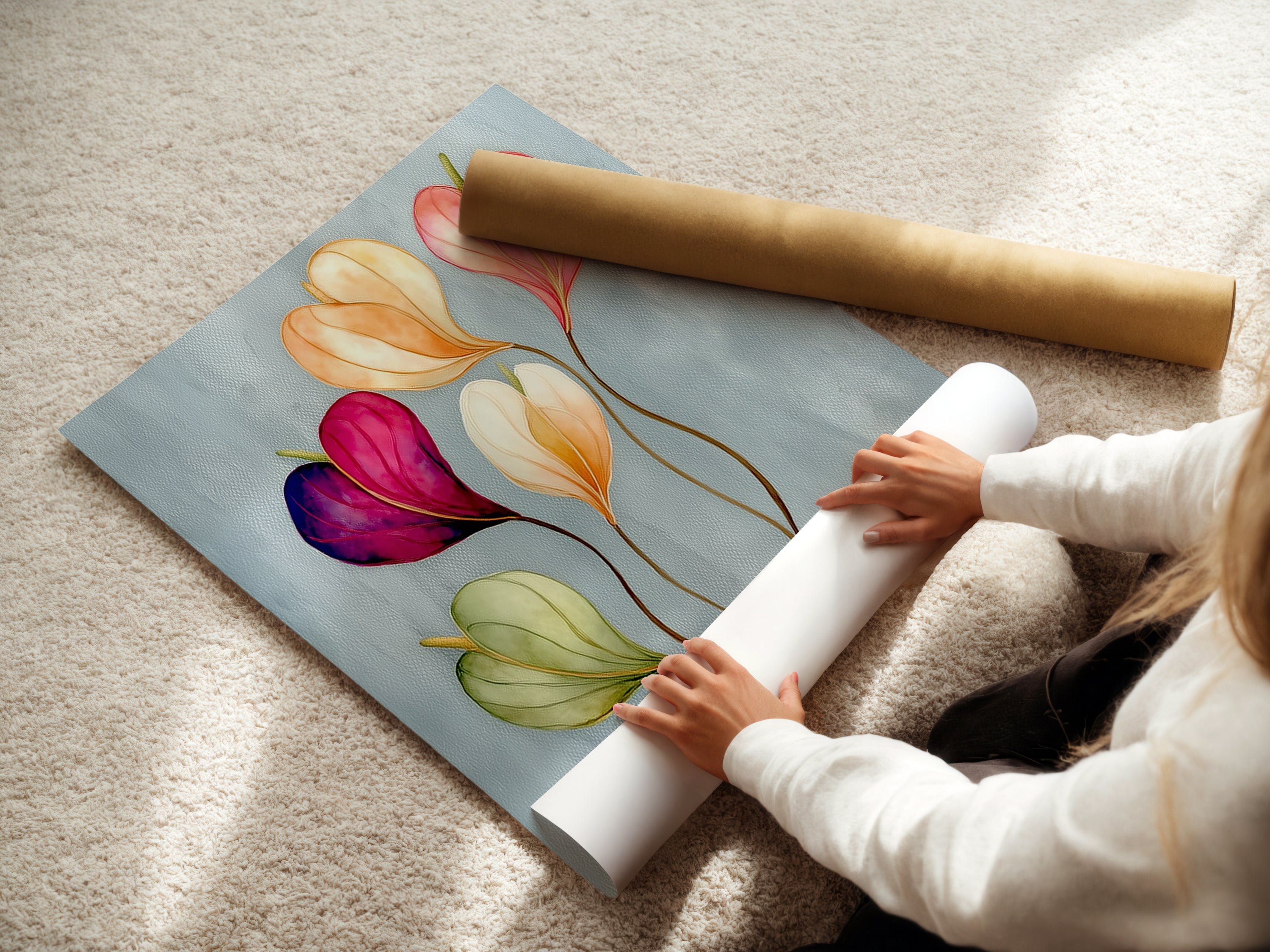 A woman is rolling a fine art poster paper. The paper features a floral watercolor artwork. Ideal for those looking to decorate with floral themes. This modern art print is perfect for bedroom wall decor or living room wall art. The botanical canvas adds a touch of elegance.
