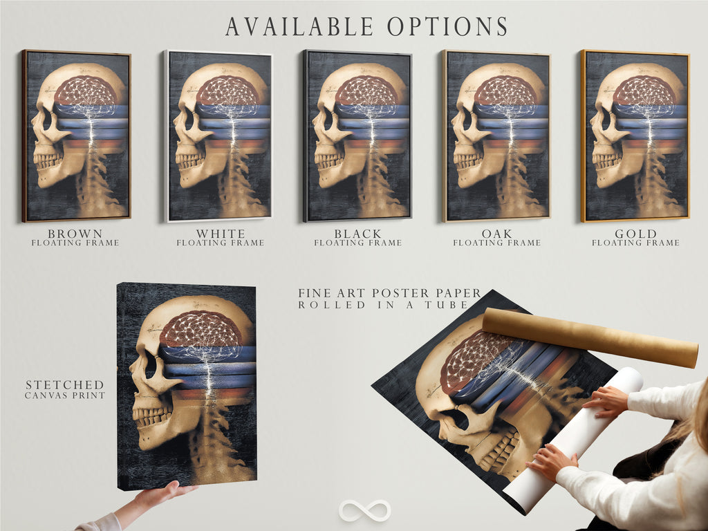 Available options include stretched canvas prints fine art poster paper and floating frames. The surreal skull artwork features an anatomical brain. Perfect for gothic medical posters and science wall art. Customize your dark academia art with these options.