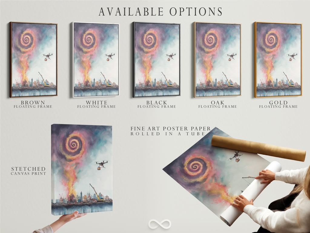 Available options are showcased: stretched canvas print fine art poster paper and floating frame. The surreal cityscape artwork features a drone delivering goods above a modern skyline. Choose the perfect format to complement your office or home decor with this unique wall art.
