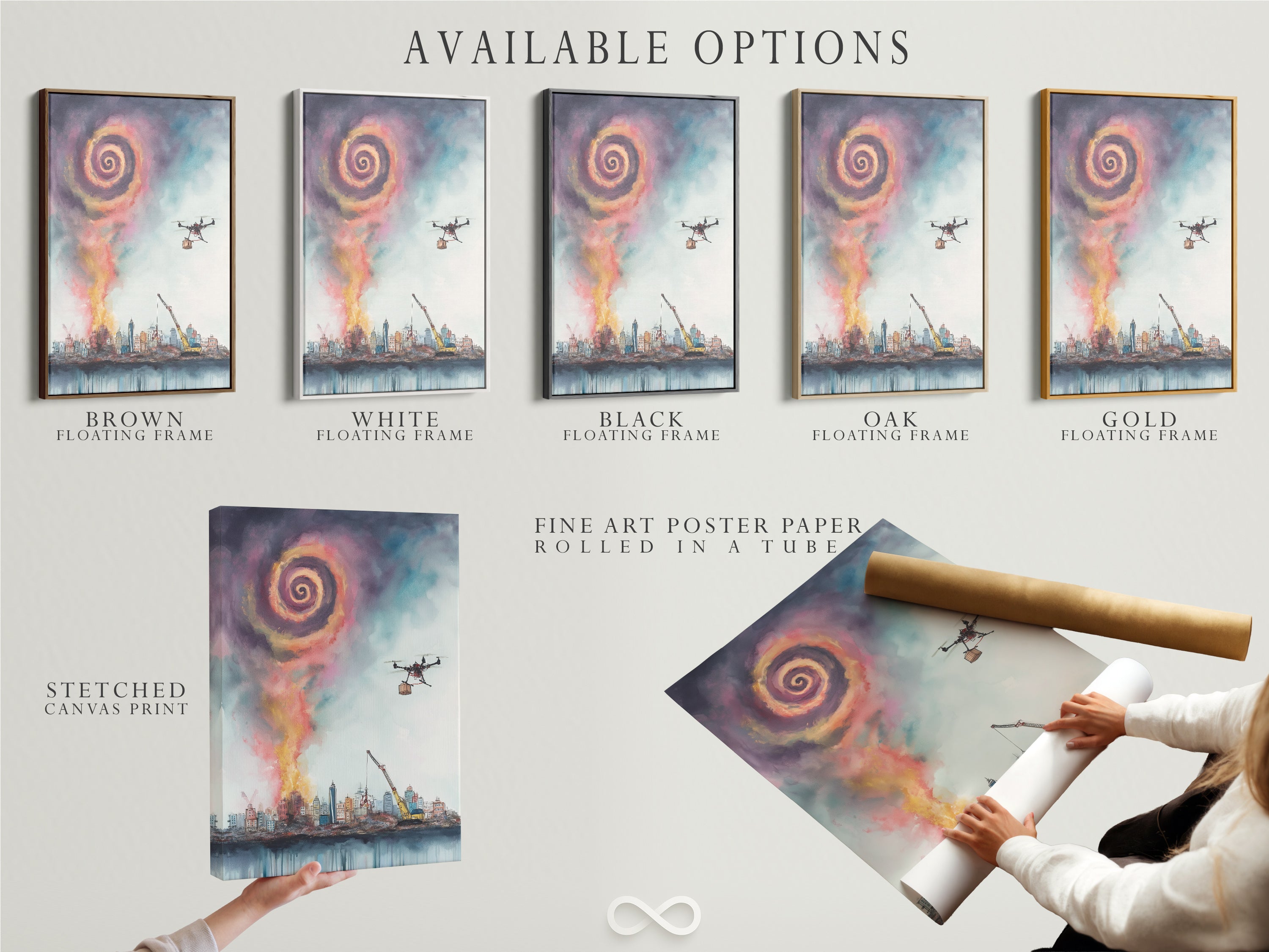 Available options are showcased: stretched canvas print fine art poster paper and floating frame. The surreal cityscape artwork features a drone delivering goods above a modern skyline. Choose the perfect format to complement your office or home decor with this unique wall art.