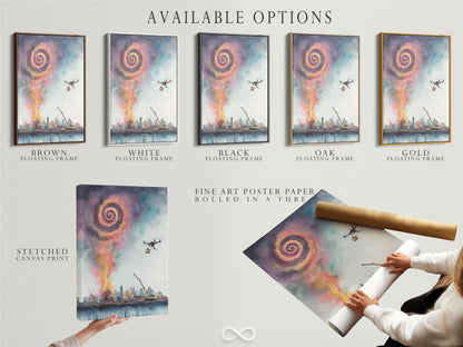 Available options are showcased: stretched canvas print fine art poster paper and floating frame. The surreal cityscape artwork features a drone delivering goods above a modern skyline. Choose the perfect format to complement your office or home decor with this unique wall art.