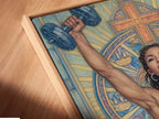 Close-up of a canvas print in a floating frame. This Christian Gym Wall Art adds motivation to any space. The faith fitness print is perfect for a home gym. This spiritual workout canvas is ideal for religious gym art.