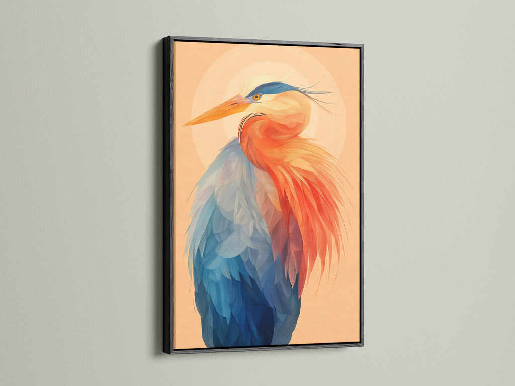 Framed heron art print with a black frame. This coastal bird artwork is a striking piece for any wall. The modern art print features a blue and orange heron. The black frame adds a touch of sophistication. Perfect avian artwork for office or home wall decor. A timeless addition to any art collection.
