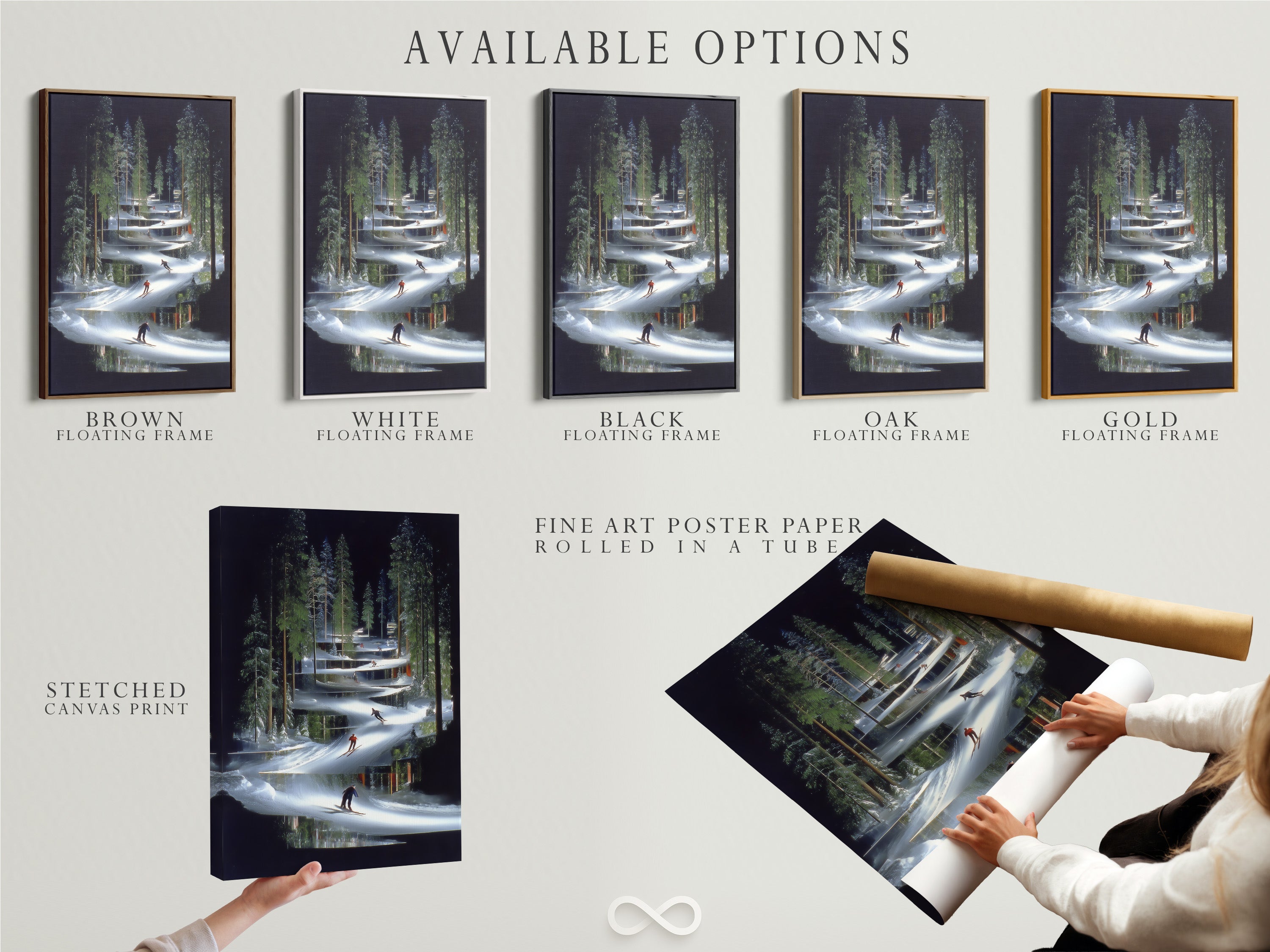 Explore available options for modern ski resort artwork. Choose from a stretched canvas print or fine art poster paper. Consider a floating frame to complete the look. Elevate your space with alpine forest wall art.