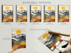 Explore available options for this mountain sunrise canvas artwork. Choose between a stretched canvas print or fine art poster paper. Consider a floating frame for a modern touch. Discover the perfect medium for this abstract landscape art. The golden sun nature poster is versatile for any style. Enhance your space with the perfect artwork.