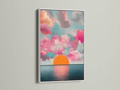 The Sunset Clouds artwork is displayed in a white frame. The abstract wall art creates a modern aesthetic for bedroom wall decor. The teal art complements coastal or modern styles. This sky artwork brings a calming ocean view to any space.