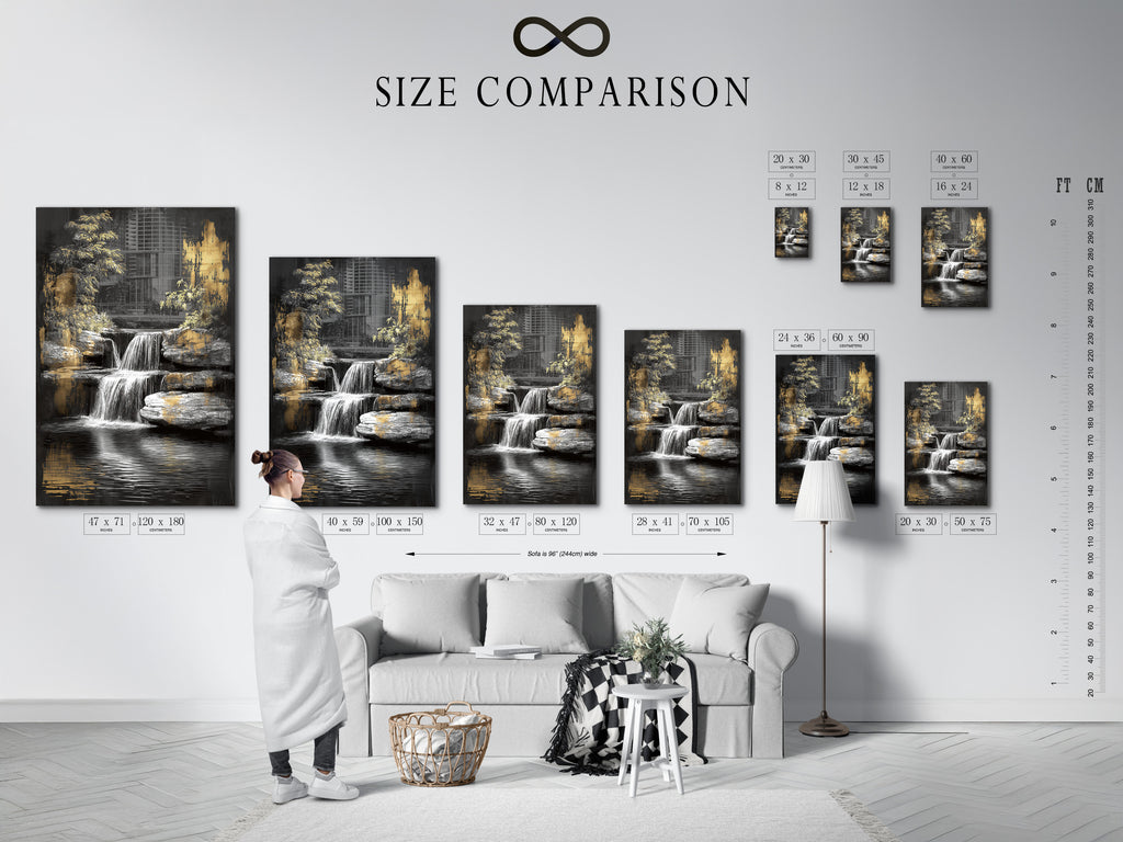 A size comparison chart in an interior setting. See how the waterfall art fits in your space. Visualize the zen garden print in different sizes. Choose the perfect nature canvas art for your wall. Find the ideal size for your office meditation space. Plan your tranquil artwork display.