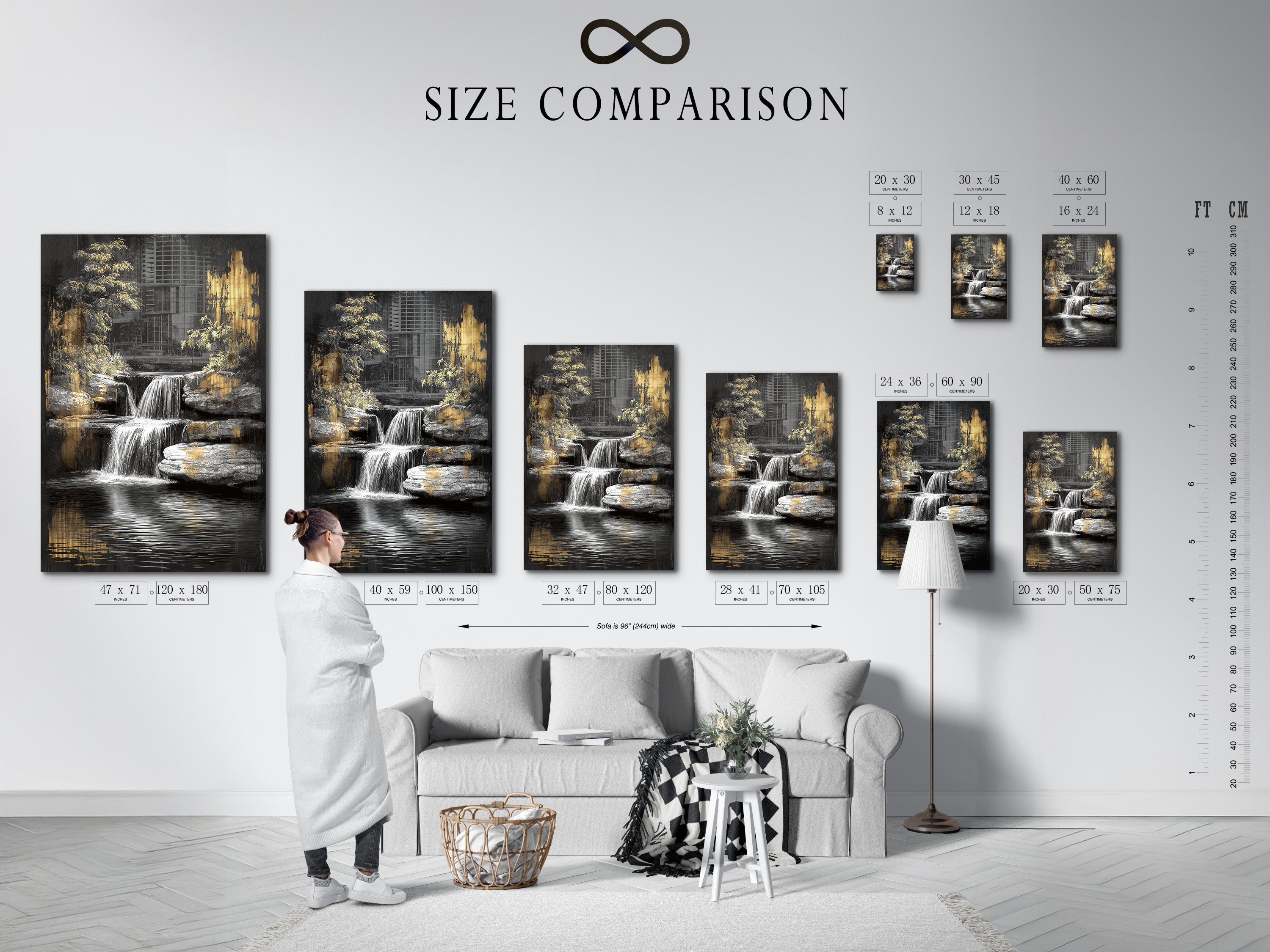 A size comparison chart in an interior setting. See how the waterfall art fits in your space. Visualize the zen garden print in different sizes. Choose the perfect nature canvas art for your wall. Find the ideal size for your office meditation space. Plan your tranquil artwork display.