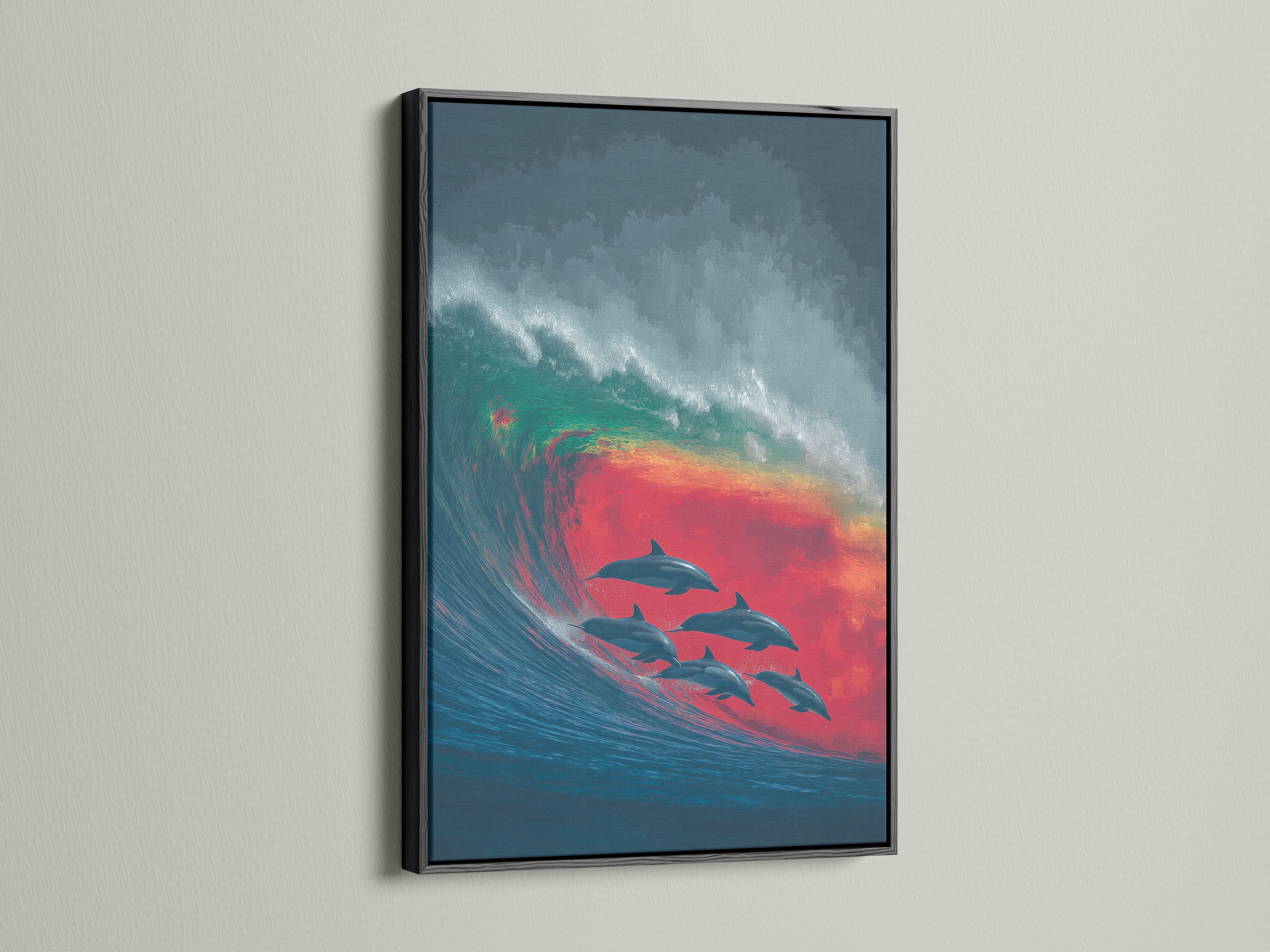 Dolphin Wave canvas print with a black frame. This coastal artwork is ideal for minimalist decor. The sea print captures the essence of the ocean. This nautical wall decor is suitable for any room.