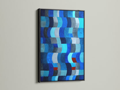 View this abstract art piece with a sleek black frame. The dark frame accentuates the blue shades of the modern artwork. A black frame adds a touch of sophistication. Perfect for modern art. Explore our collection of geometric wall art.