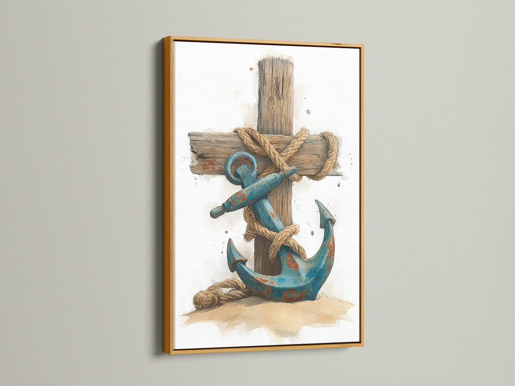 A framed art print with a luxurious gold frame. The artwork features a blue anchor. It is wrapped in rope against a wooden cross. The gold frame adds a touch of glamour and elegance. It enhances the artwork's visual appeal. It makes a statement.