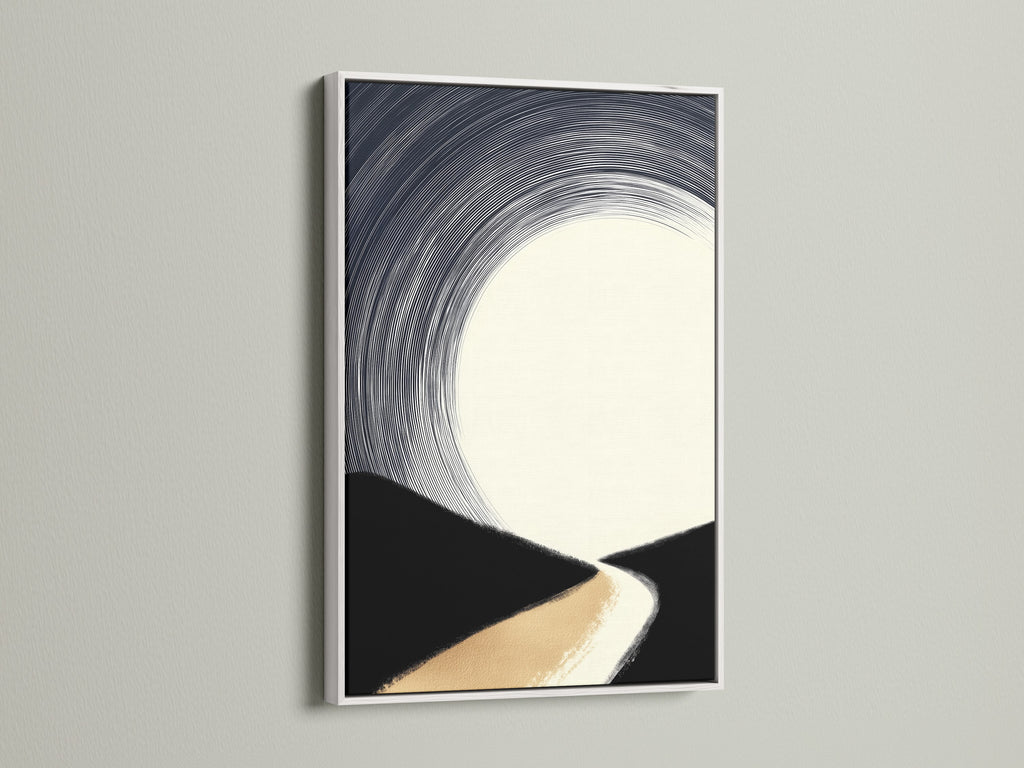 A white frame enhances a minimalist art piece. The artwork features an abstract landscape. Beige black and white tones create a serene atmosphere. This frame and artwork combination is perfect for brightening any space. It complements modern decor beautifully.